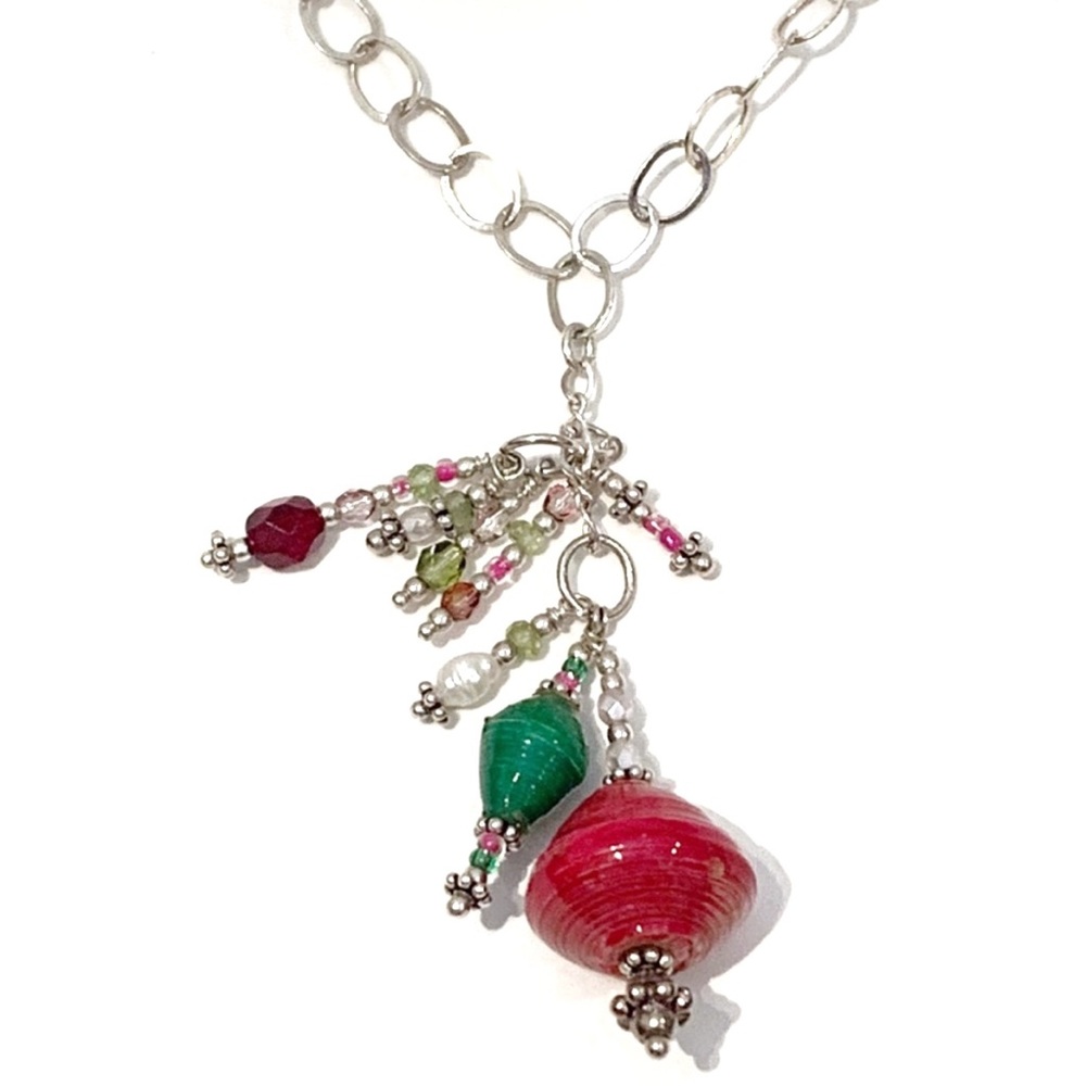 Sterling Silver 925 Loop Link Necklace Beaded Dangling Pendant Red Green Pink